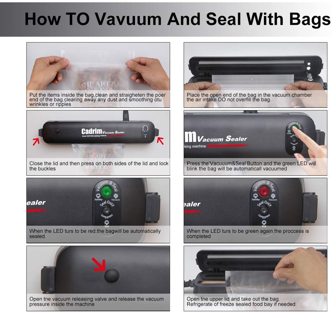 Cadrim Food Vacuum Sealer Machine incl. 15 x Seal Bags for Veg, Meat, Eggs & Fruit - Image 3